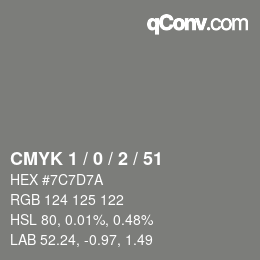カラーコード: CMYK 1 / 0 / 2 / 51 | qconv.com
