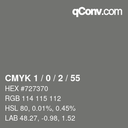 Color code: CMYK 1 / 0 / 2 / 55 | qconv.com