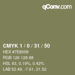 Farbcode: CMYK 1 / 0 / 31 / 50 | qconv.com