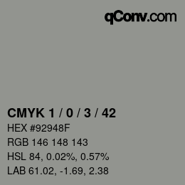 カラーコード: CMYK 1 / 0 / 3 / 42 | qconv.com