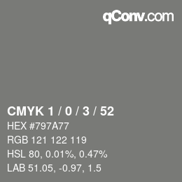 Farbcode: CMYK 1 / 0 / 3 / 52 | qconv.com