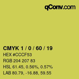 カラーコード: CMYK 1 / 0 / 60 / 19 | qconv.com