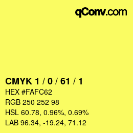 カラーコード: CMYK 1 / 0 / 61 / 1 | qconv.com