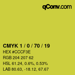 カラーコード: CMYK 1 / 0 / 70 / 19 | qconv.com