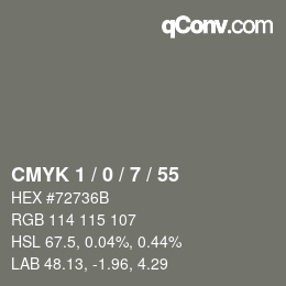 Farbcode: CMYK 1 / 0 / 7 / 55 | qconv.com