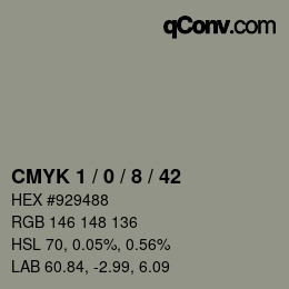 カラーコード: CMYK 1 / 0 / 8 / 42 | qconv.com