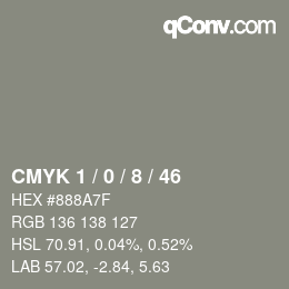 カラーコード: CMYK 1 / 0 / 8 / 46 | qconv.com