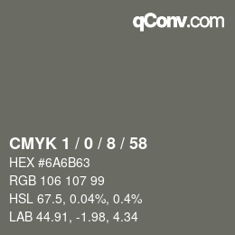 カラーコード: CMYK 1 / 0 / 8 / 58 | qconv.com