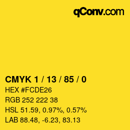 カラーコード: CMYK 1 / 13 / 85 / 0 | qconv.com