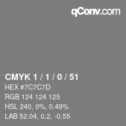 Farbcode: CMYK 1 / 1 / 0 / 51 | qconv.com