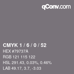 カラーコード: CMYK 1 / 6 / 0 / 52 | qconv.com