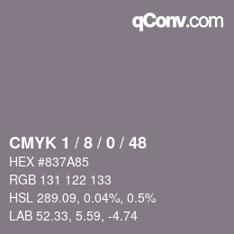 カラーコード: CMYK 1 / 8 / 0 / 48 | qconv.com