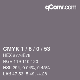 カラーコード: CMYK 1 / 8 / 0 / 53 | qconv.com