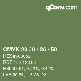 Color code: CMYK 20 / 0 / 36 / 50 | qconv.com