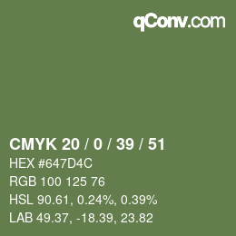 颜色代码: CMYK 20 / 0 / 39 / 51 | qconv.com