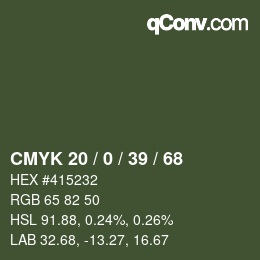 Farbcode: CMYK 20 / 0 / 39 / 68 | qconv.com