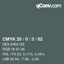 Farbcode: CMYK 20 / 0 / 3 / 62 | qconv.com