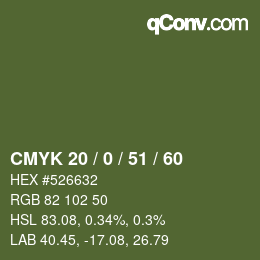 Farbcode: CMYK 20 / 0 / 51 / 60 | qconv.com