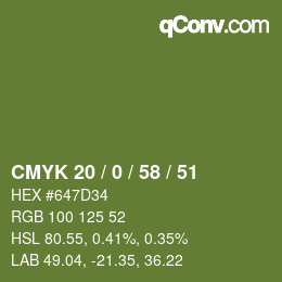 Color code: CMYK 20 / 0 / 58 / 51 | qconv.com