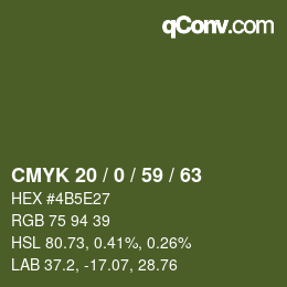 Color code: CMYK 20 / 0 / 59 / 63 | qconv.com