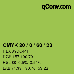 カラーコード: CMYK 20 / 0 / 60 / 23 | qconv.com