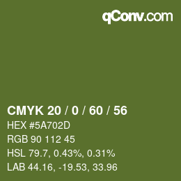 Color code: CMYK 20 / 0 / 60 / 56 | qconv.com