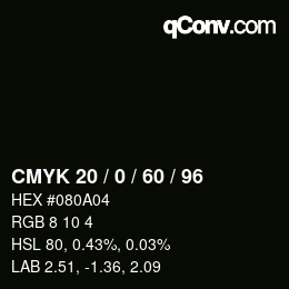 Farbcode: CMYK 20 / 0 / 60 / 96 | qconv.com