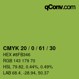 Color code: CMYK 20 / 0 / 61 / 30 | qconv.com