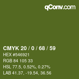Color code: CMYK 20 / 0 / 68 / 59 | qconv.com