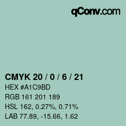 カラーコード: CMYK 20 / 0 / 6 / 21 | qconv.com