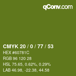 Farbcode: CMYK 20 / 0 / 77 / 53 | qconv.com