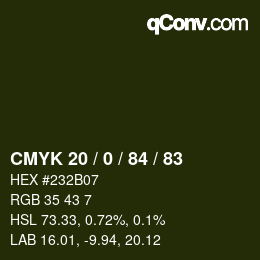 Color code: CMYK 20 / 0 / 84 / 83 | qconv.com