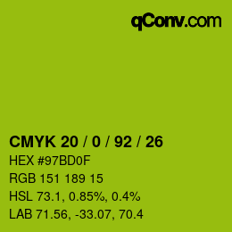 Color code: CMYK 20 / 0 / 92 / 26 | qconv.com