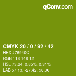 Color code: CMYK 20 / 0 / 92 / 42 | qconv.com