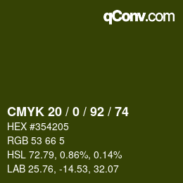 Color code: CMYK 20 / 0 / 92 / 74 | qconv.com