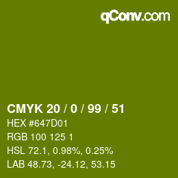 Farbcode: CMYK 20 / 0 / 99 / 51 | qconv.com