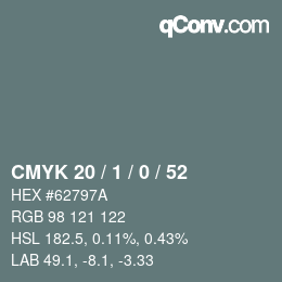 Color code: CMYK 20 / 1 / 0 / 52 | qconv.com