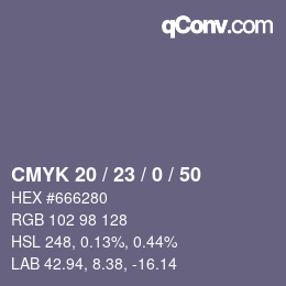 Color code: CMYK 20 / 23 / 0 / 50 | qconv.com