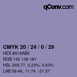 カラーコード: CMYK 20 / 24 / 0 / 29 | qconv.com