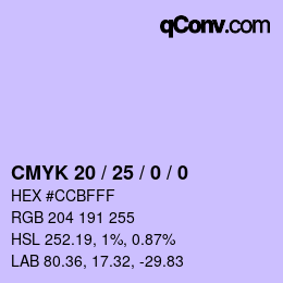 カラーコード: CMYK 20 / 25 / 0 / 0 | qconv.com