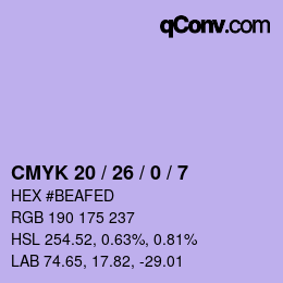 カラーコード: CMYK 20 / 26 / 0 / 7 | qconv.com