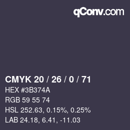 Color code: CMYK 20 / 26 / 0 / 71 | qconv.com