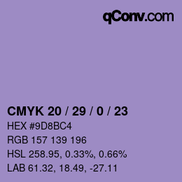 Color code: CMYK 20 / 29 / 0 / 23 | qconv.com