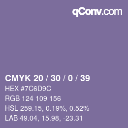 Code couleur: CMYK 20 / 30 / 0 / 39 | qconv.com