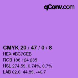 Color code: CMYK 20 / 47 / 0 / 8 | qconv.com