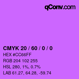 カラーコード: CMYK 20 / 60 / 0 / 0 | qconv.com