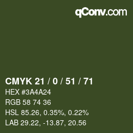 Farbcode: CMYK 21 / 0 / 51 / 71 | qconv.com