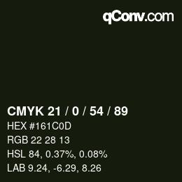 Color code: CMYK 21 / 0 / 54 / 89 | qconv.com