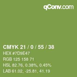 Farbcode: CMYK 21 / 0 / 55 / 38 | qconv.com