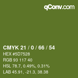 Color code: CMYK 21 / 0 / 66 / 54 | qconv.com